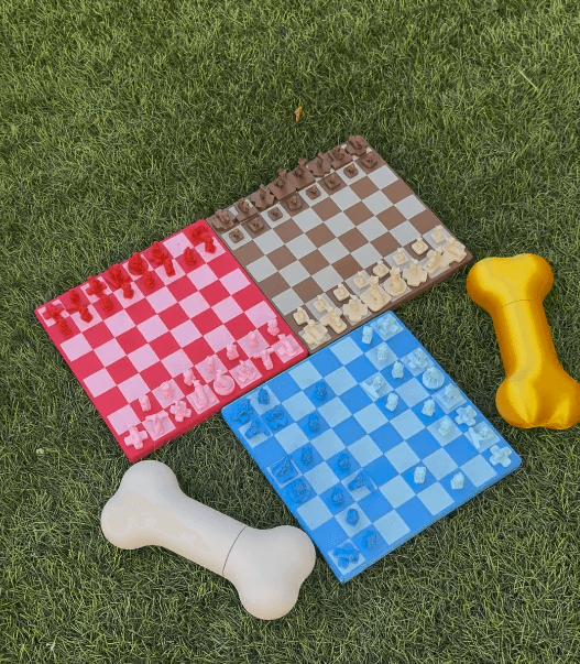 Red, brown, and blue chess sets sit on grass beside gold and cream Golden Bone carrying cases shaped like dog bones.