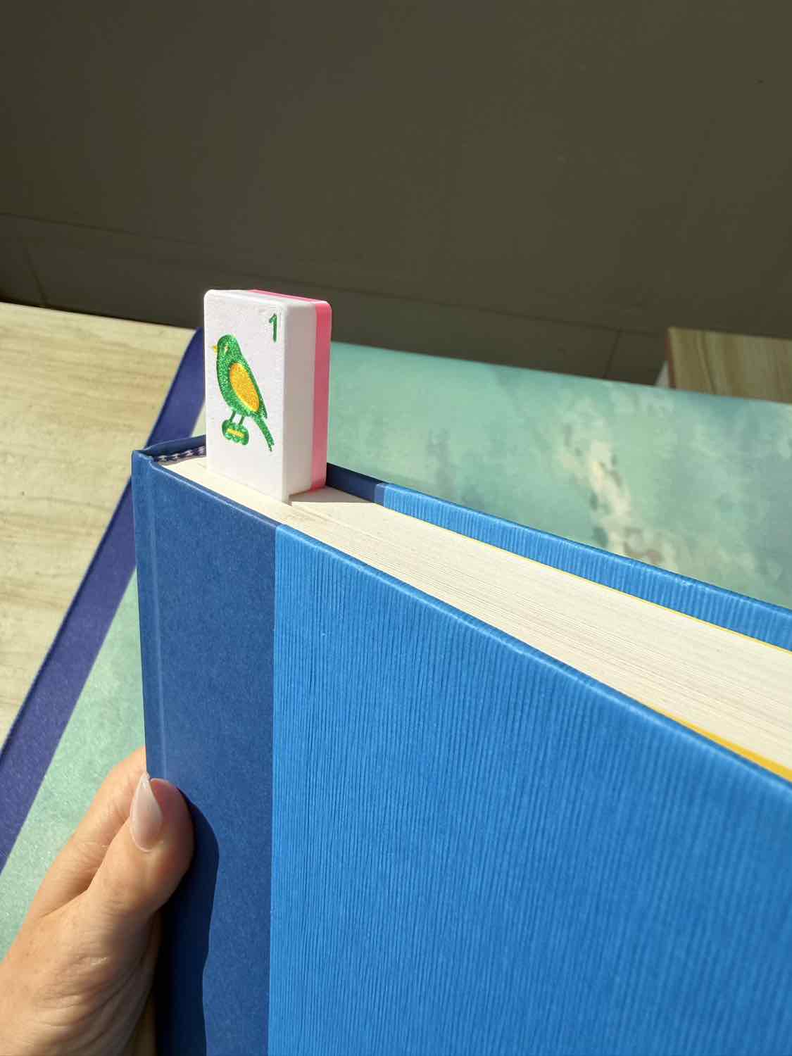A close-up of a blue hardcover book held by a hand, with a small white bookmark featuring a green and yellow bird and the number 1 tucked between the pages.