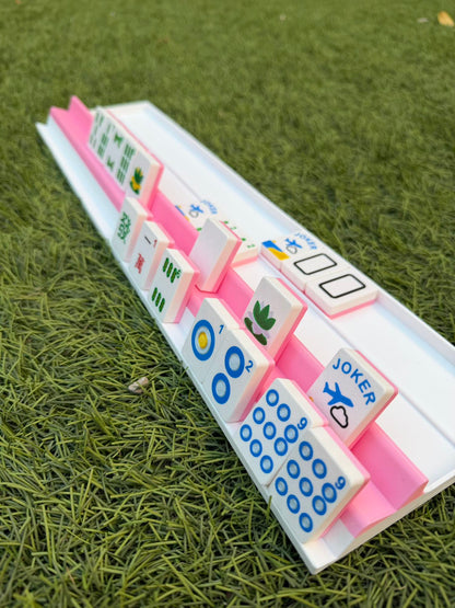 Detail view of a Two Player travel rack holding 28 tiles, showing the compact 3D-printed design.