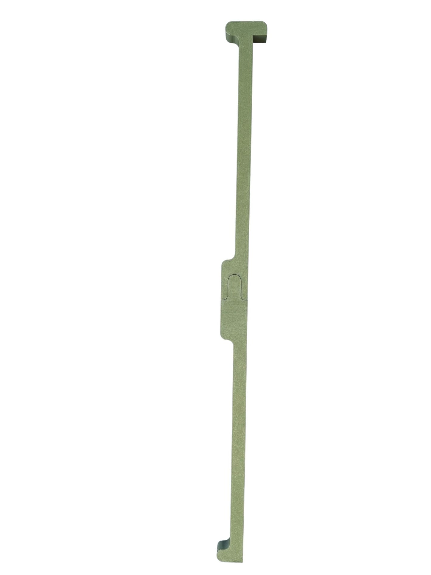 A travel mahjong pusher that is full-size at 20 inches long but splits in two for travel and has built in points for durability