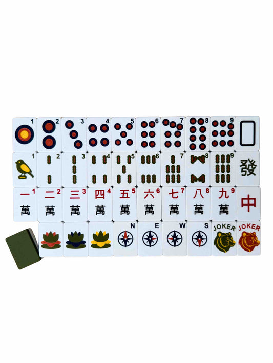 Set of Mahjong tiles with various symbols on a white background