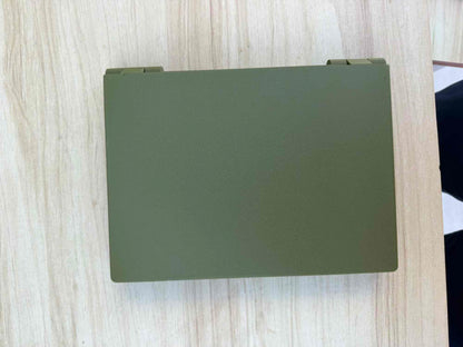 An olive green rectangular hard case or box with rounded corners, photographed from above on a light wood-grain surface.