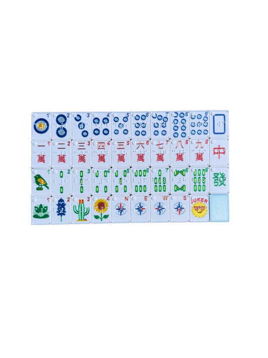 Set of Braille Mahjong tiles on a white background with a sparkly blue back