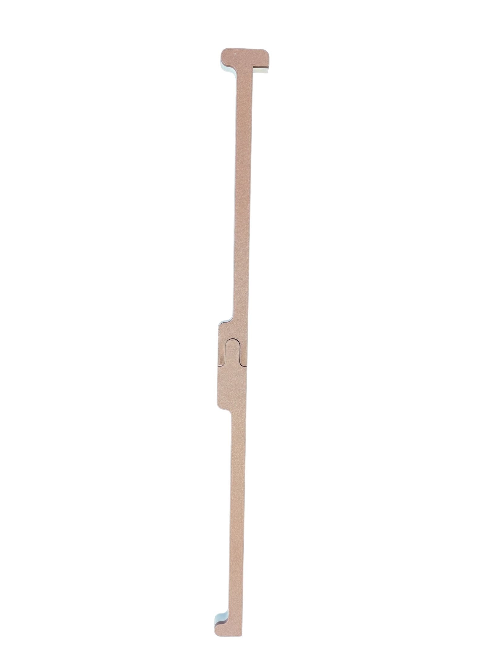 A travel mahjong pusher that is full-size at 20 inches long but splits in two for travel and has built in points for durability