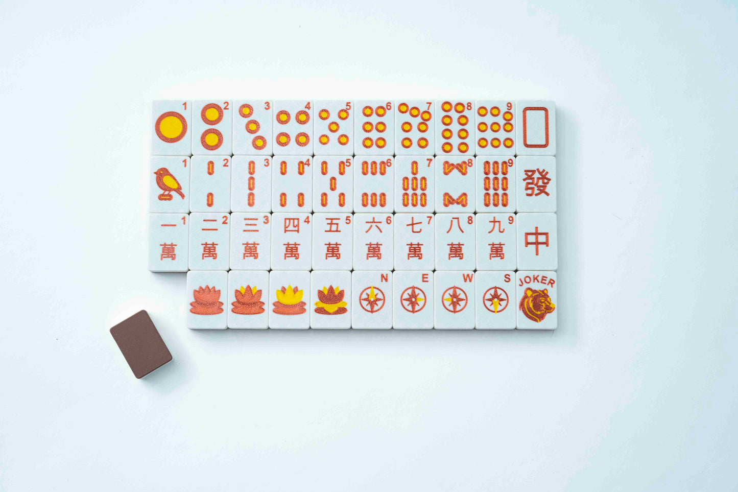 A set of Mahjong tiles arranged in a grid on a white background, with a single brown eraser placed to the left. The tiles are white with orange and red printed symbols and characters, and one tile shows the word 'JOKER'.