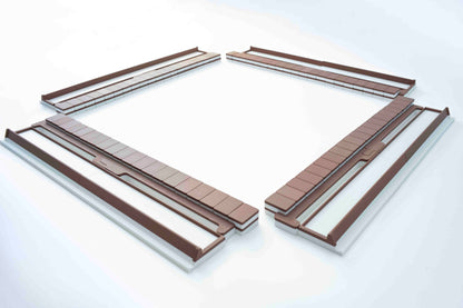 Four long rectangular brown and white modular seating or bench components arranged in a square-like layout on a clean white background.