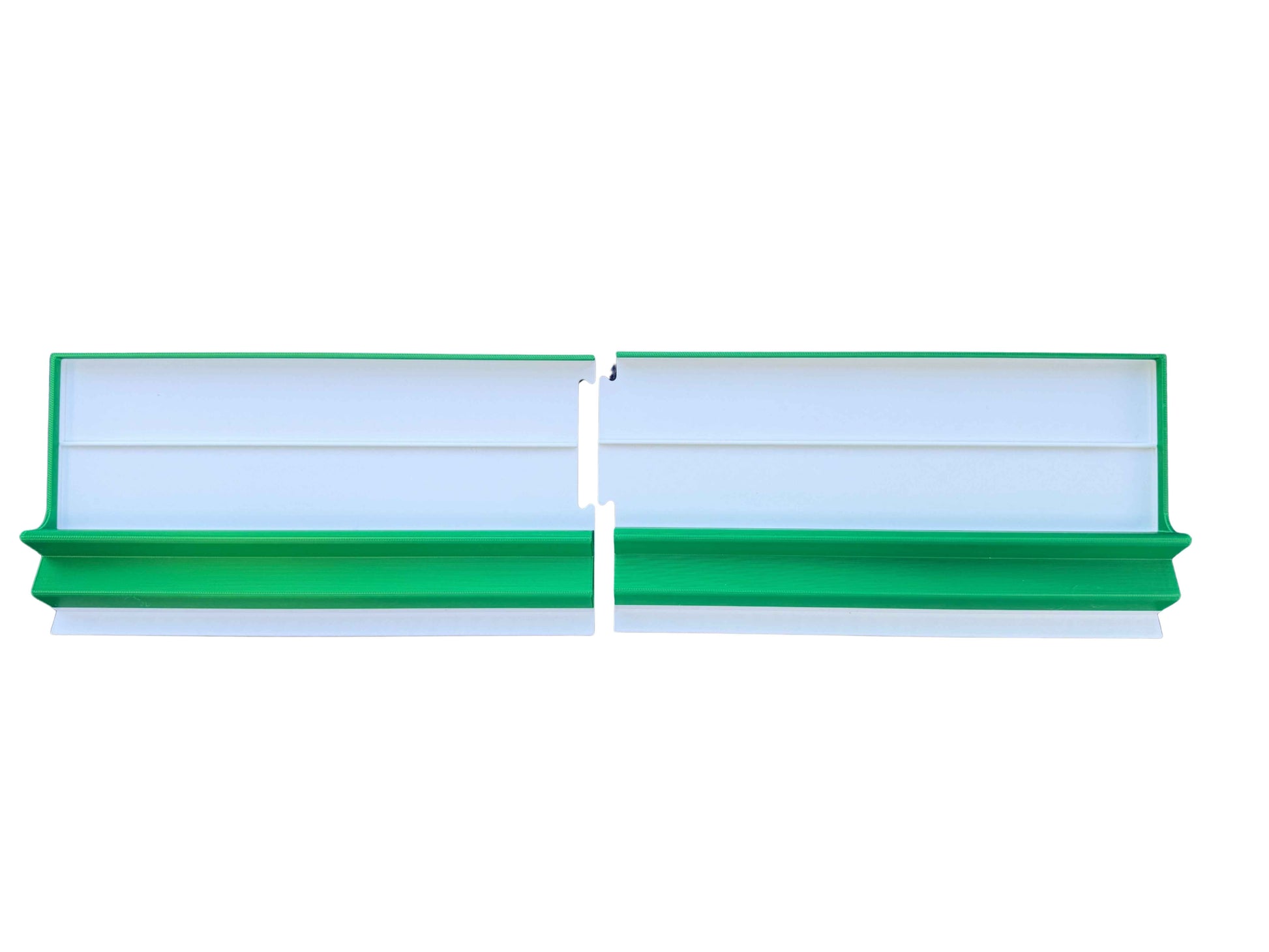 A two player mahjong rack that fits full-size tiles but is very lightweight and splits in two for travel