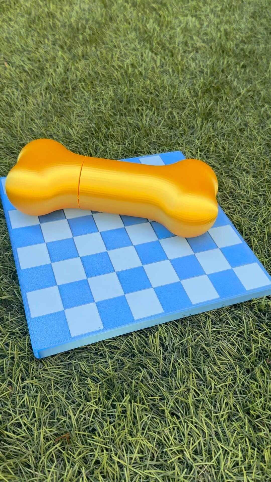An orange bone-shaped Golden Bone chess piece carrying case sits atop a blue checkered board on the grass.