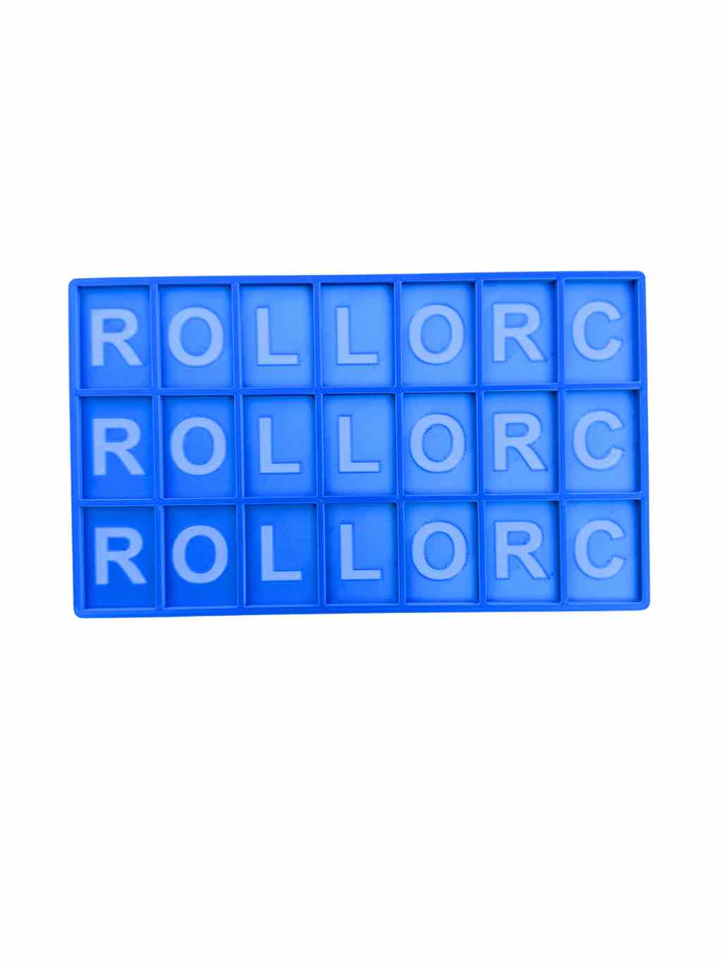 Blue 3D printed practice mahjong board with 'ROLLORC' on a white background