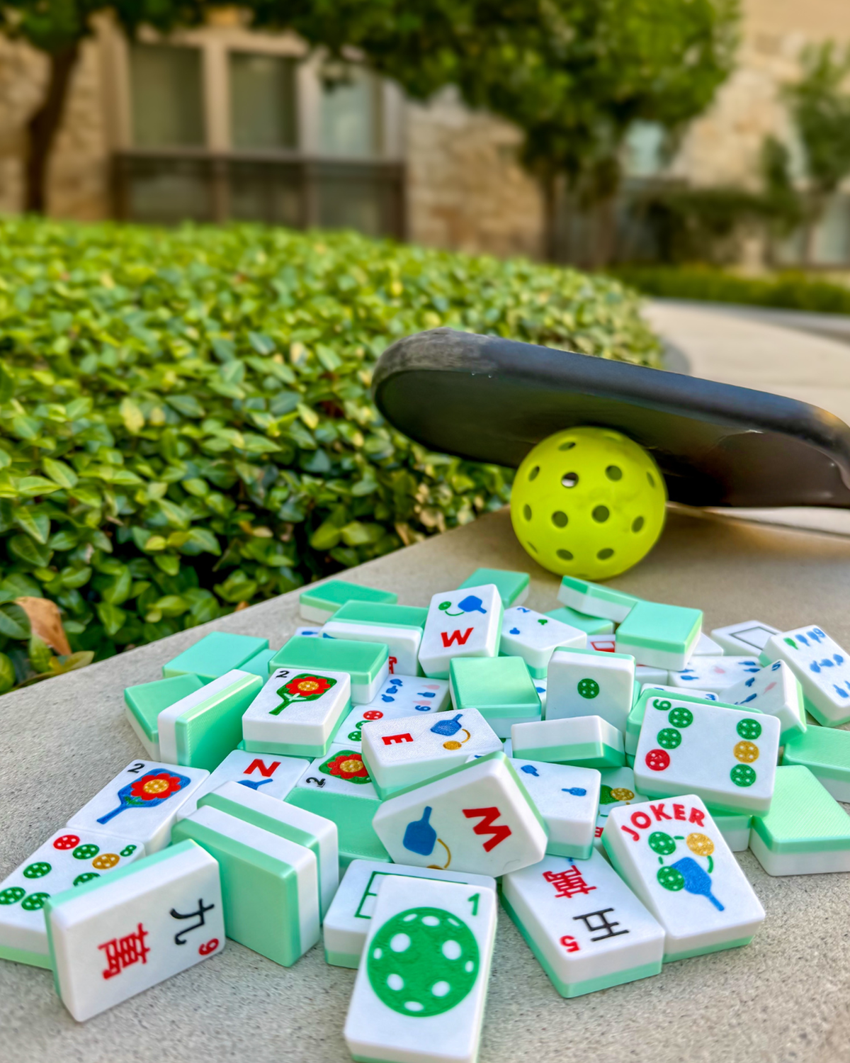 Pickleball-themed Mahjong set with green tiles, scattered next to a paddle and pickleball, outdoor American Mahjong game by Spools
