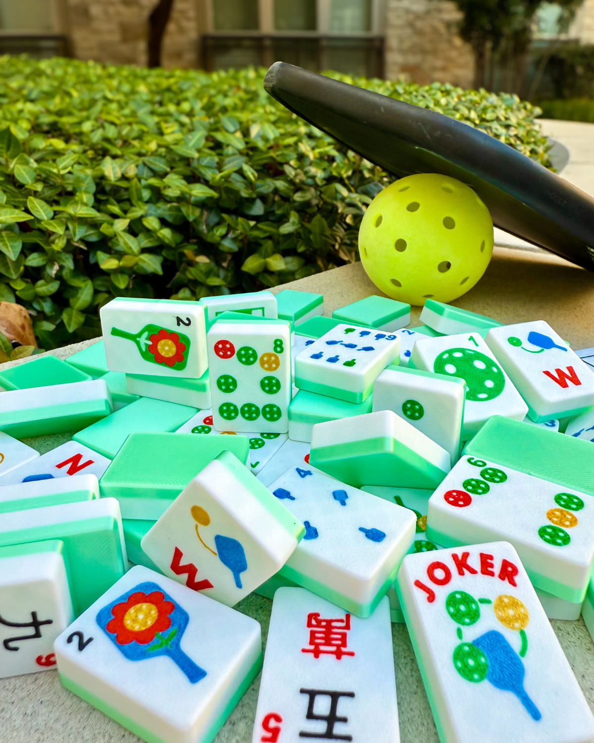 Floating pickleball-themed American Mahjong travel tiles in green with paddles and ball, outdoor play set by Spools