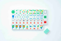A set of Pickleball theme Mahjong-style tiles arranged in a grid on a white background, with a small mint green eraser placed to the lower right. The tiles feature colorful symbols, Chinese characters, numbers, and pips on a white base.