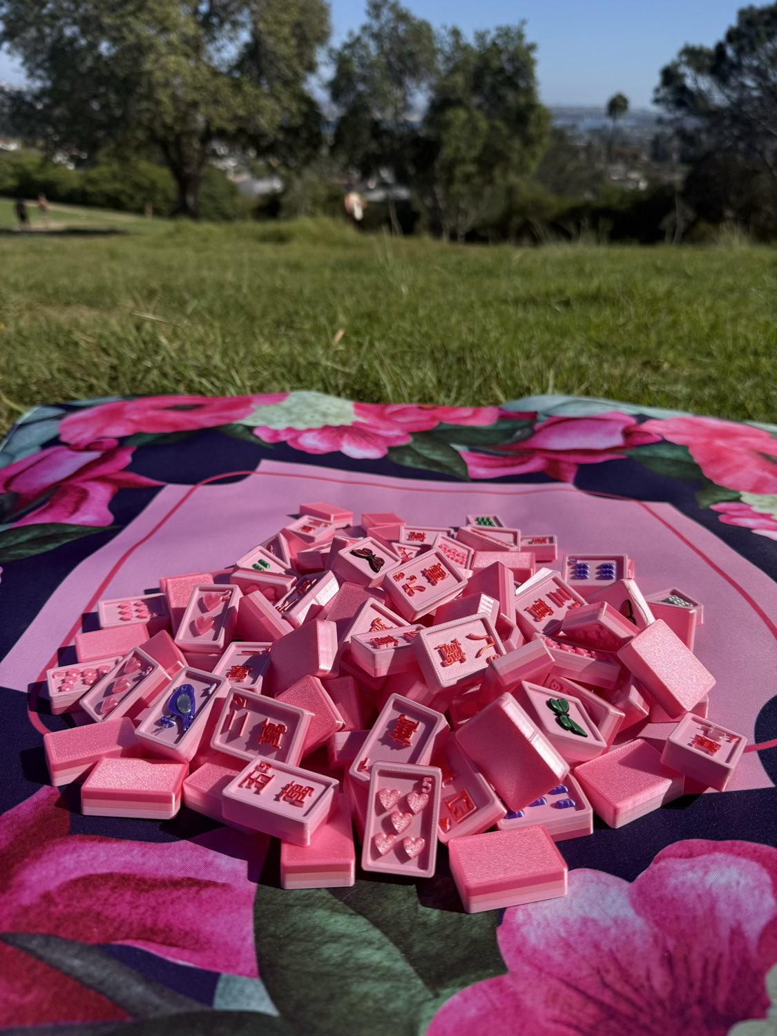 A pile of pink Mahjong tiles spread out on a floral pink blanket on a grassy lawn, with trees and a sunny outdoor background.