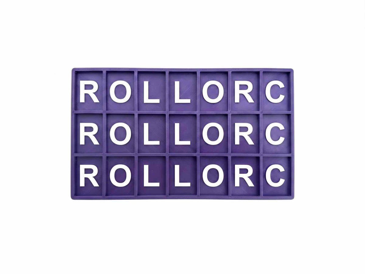 A rectangular purple letter board with a grid of compartments, each containing a white letter. The letters spell out 'ROLL ORC' repeated three times, shown on a plain white background.