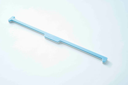A light blue travel mahjong pusher that is full size at 20 inches long but splits in two for travel