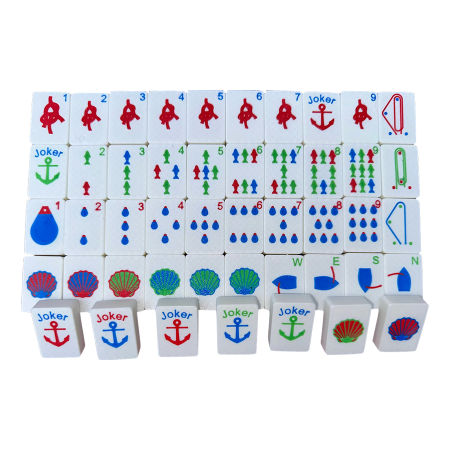 Set of colorful game mahjong tiles with various symbols on a white background