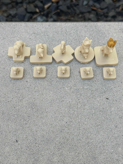 Wienerdog Chess full cream-colored dachshund chess piece set including pawns, knight, rook, bishop, queen, and crowned king