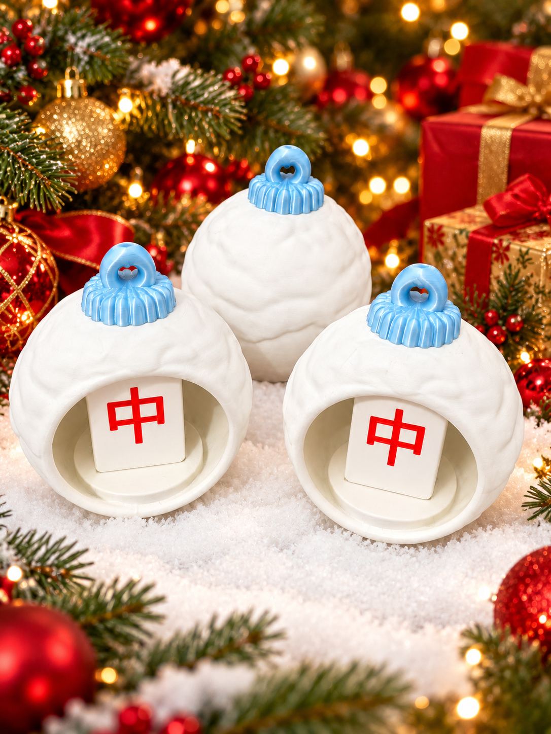 Three white mahjong bauble ornaments with red dragon tiles inside, set in snow beside a Christmas tree and gifts