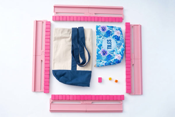 Travel Mahjong Tiles - Flamingo, travel bundle with racks, pushers, and tote